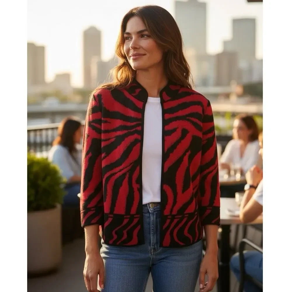 Ming Wang Open Front Knit Cardigan Jacket Red & Black Animal Print Tiger PM - Picture 1 of 16